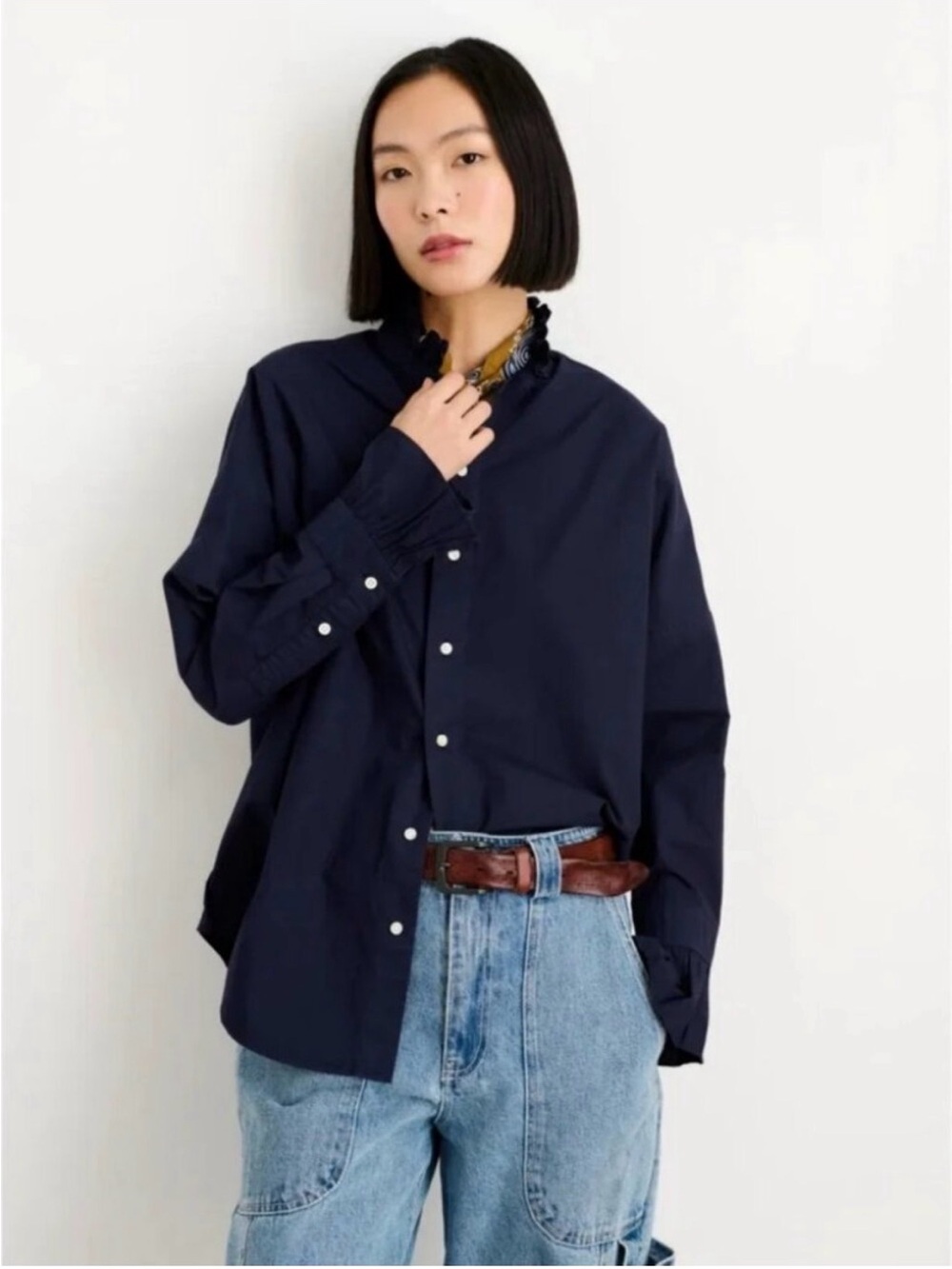 Alex Mill Easy Ruffle Collar Button Down Dark Navy Paper Poplin